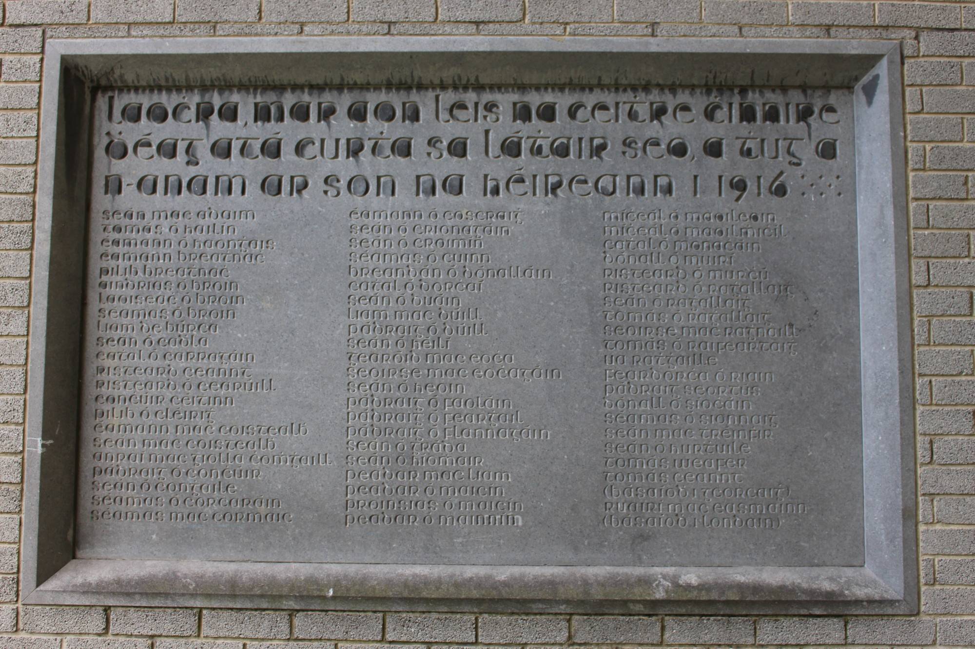 A list inscribed in stone of those buried in the plot at Arbour Hill. OPW. 
