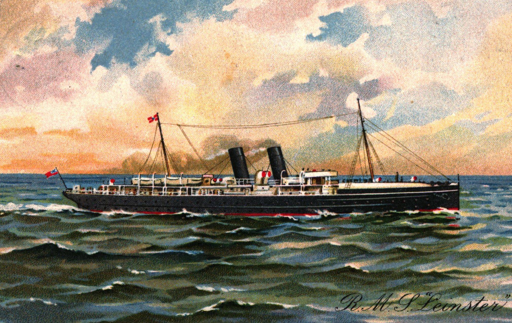 An RMS Leinster. Le caoinchead ó Mhúsaem agus Cartlann An Post.