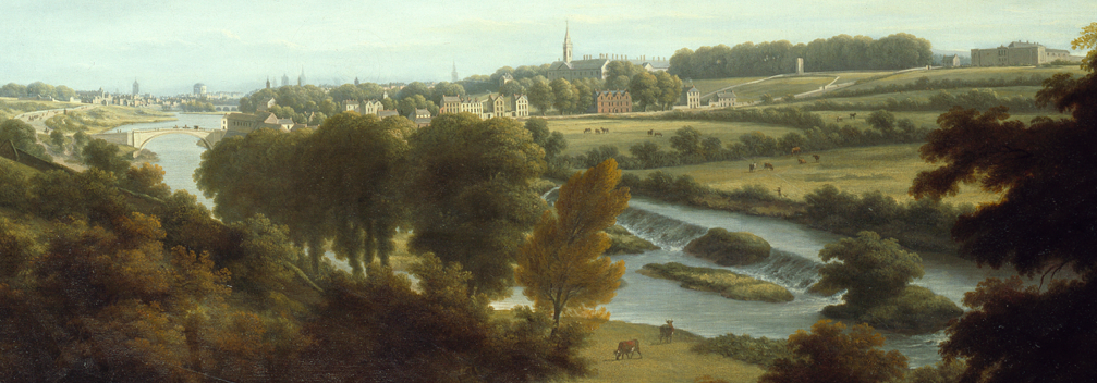 William Ashford, A View of Dublin from Chapelizod, 1795-1798. The Gardens can be seen sloping down to the weir. In the background, from left to right, is the Sarah Bridge, the Royal Hospital Kilmainham, and the newly-built Kilmainham Gaol. 