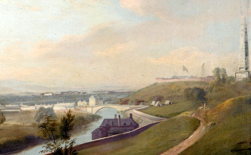 William Sadler II (c.1782-1839), View of Dublin (detail). To the right of the detail is the Wellington Testimonial (still incomplete at the time). The Magazine Fort can be seen with flags flying. Just behind the strip of buildings opposite is the land which would later become the Memorial Gardens. Courtesy of the Russborough Foundation. 