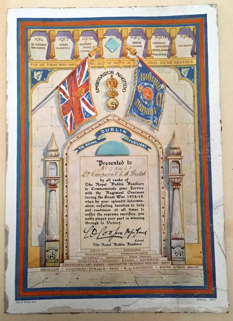 Royal Dublin Fusiliers commemoration certificate